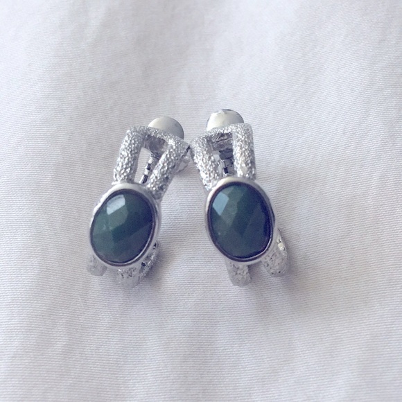 Jewelry - Clip on Silver tone hoops with green stone beautiful in person